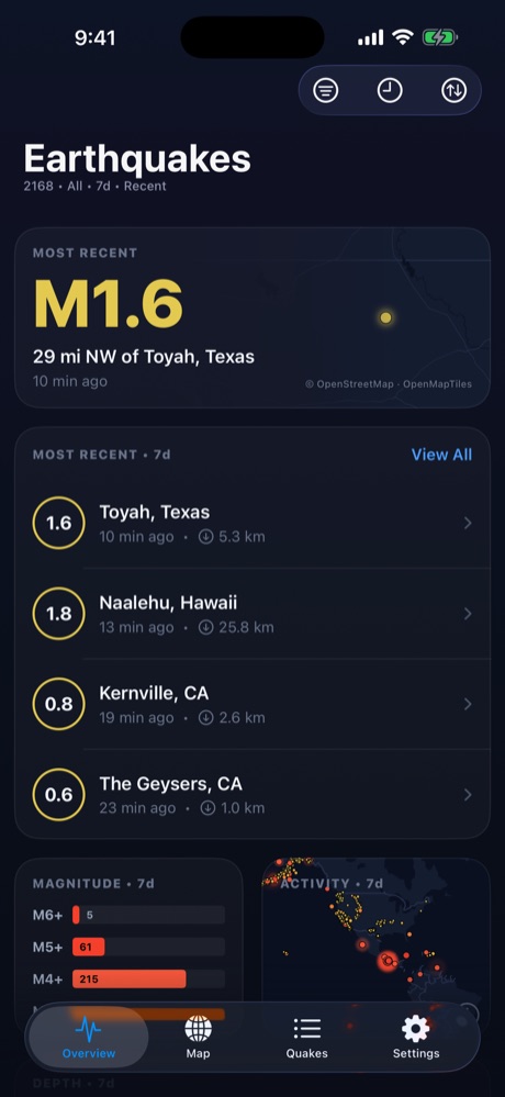 Rumble overview dashboard showing the strongest recent earthquake and a magnitude list